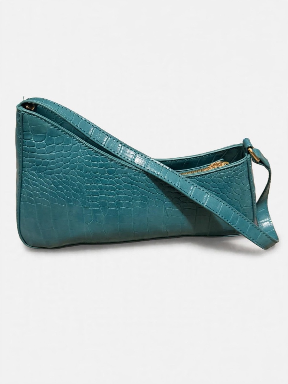 Croc-Embossed Teal Shoulder Bag with Adjustable Strap